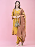 Women Viscose Mustard Embroidered Kurta Trouser Dupatta.