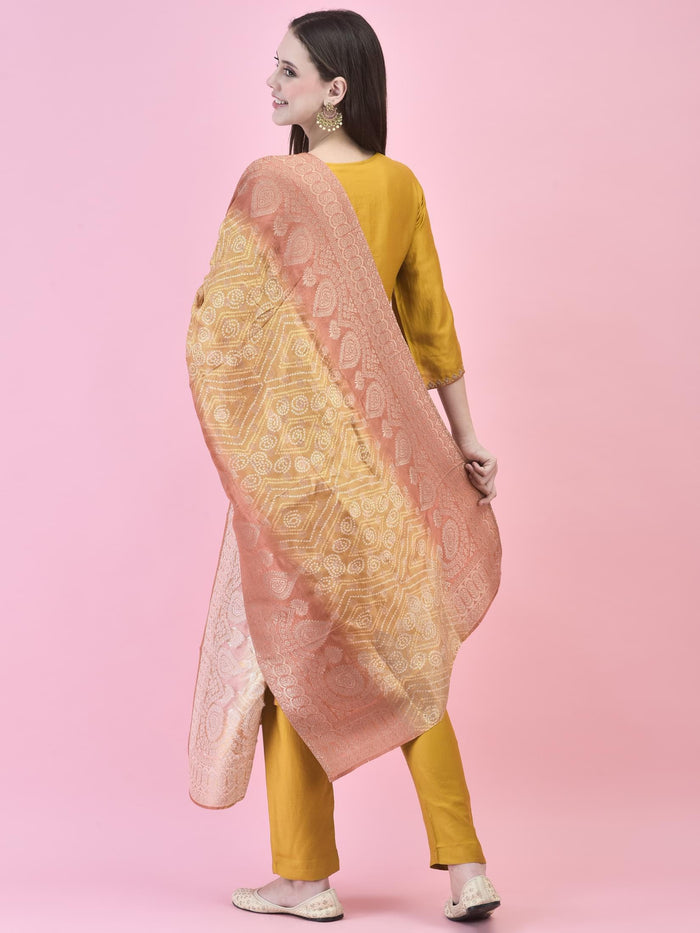 Women Viscose Mustard Embroidered Kurta Trouser Dupatta.