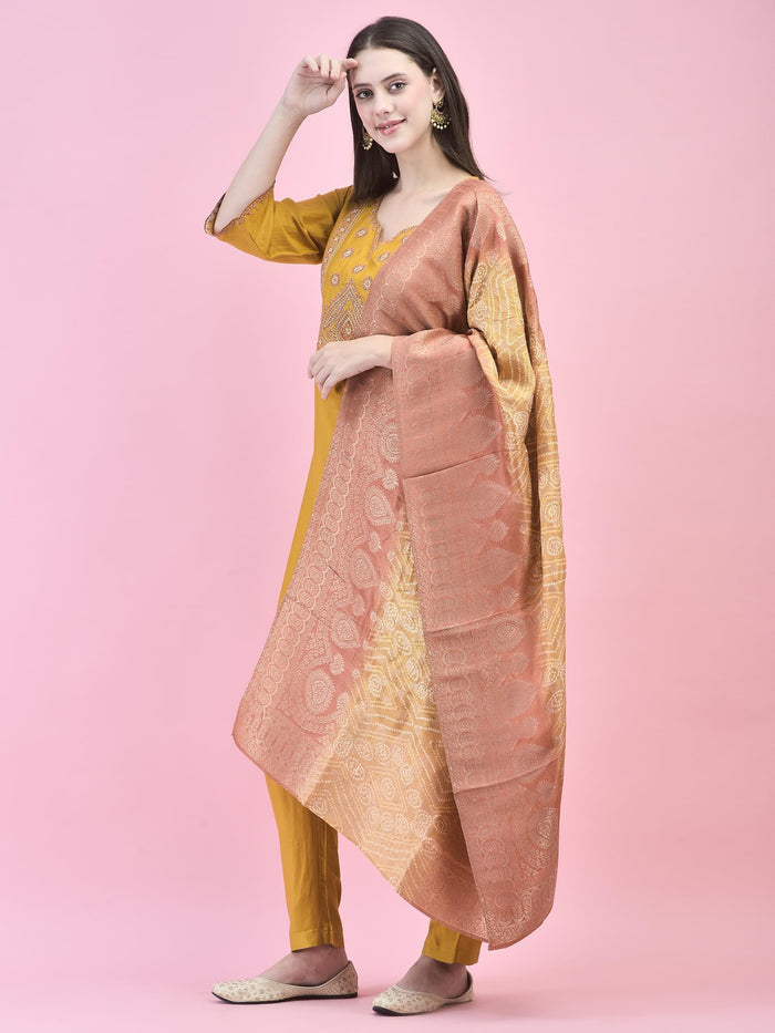 Women Viscose Mustard Embroidered Kurta Trouser Dupatta.