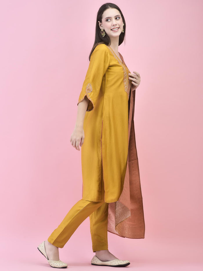 Women Viscose Mustard Embroidered Kurta Trouser Dupatta.