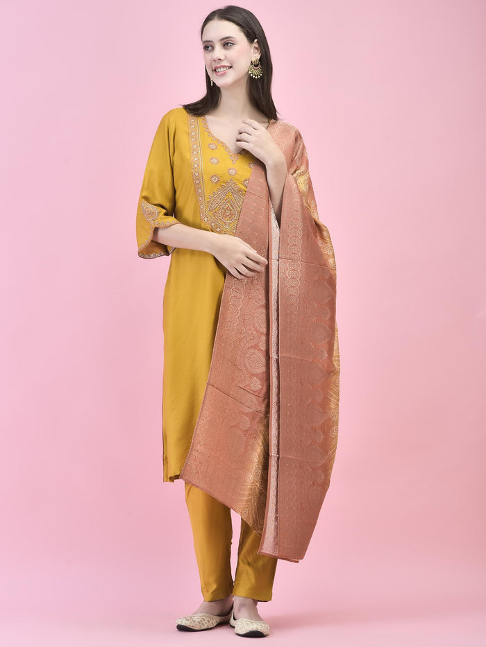 Women Viscose Mustard Embroidered Kurta Trouser Dupatta.