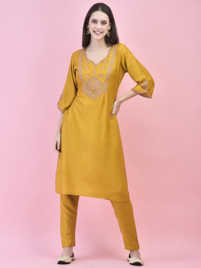 Women Viscose Mustard Embroidered Kurta Trouser Dupatta.