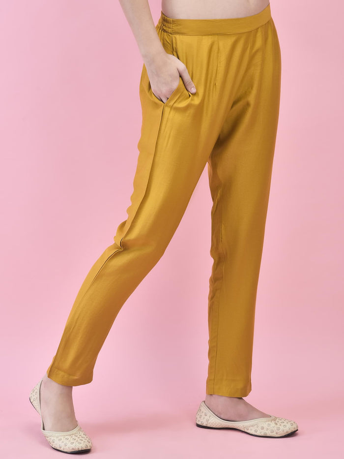 Women Viscose Mustard Embroidered Kurta Trouser Dupatta.