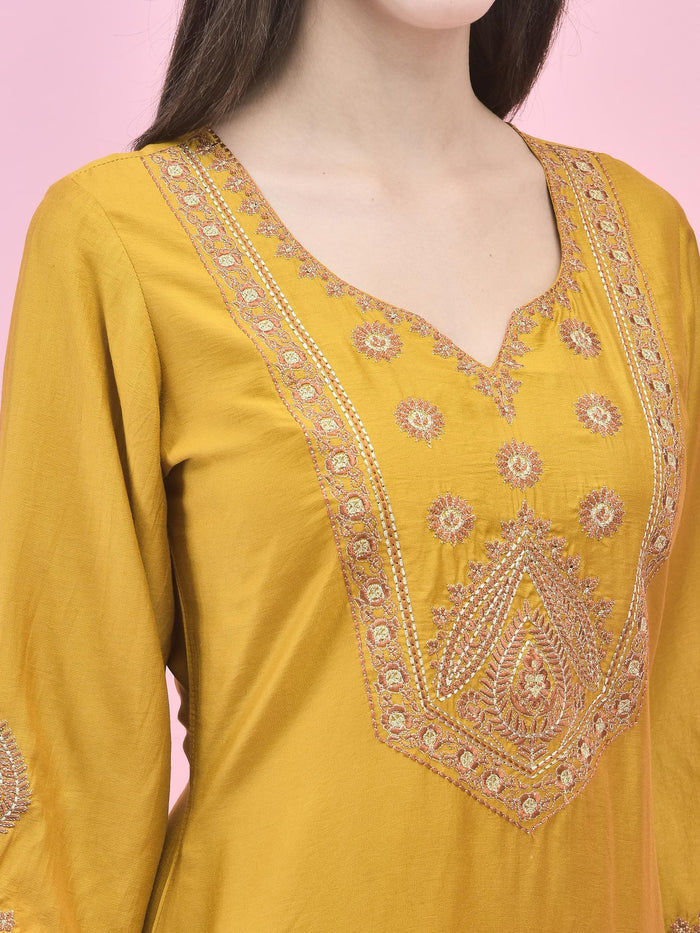 Women Viscose Mustard Embroidered Kurta Trouser Dupatta.