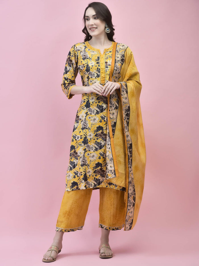Women Viscose Mustard Floral Print Kurta Comfort Pant Dupatta.