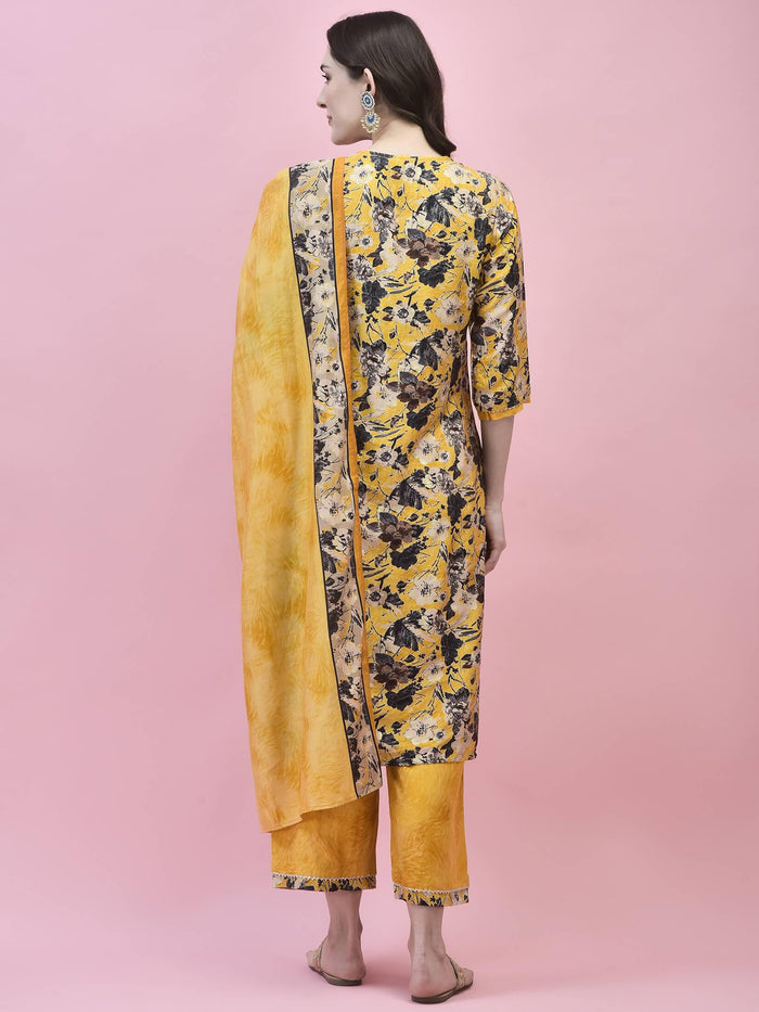 Women Viscose Mustard Floral Print Kurta Comfort Pant Dupatta.