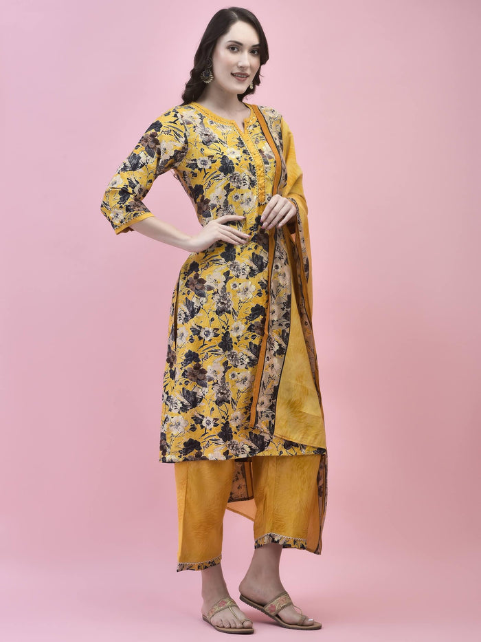 Women Viscose Mustard Floral Print Kurta Comfort Pant Dupatta.