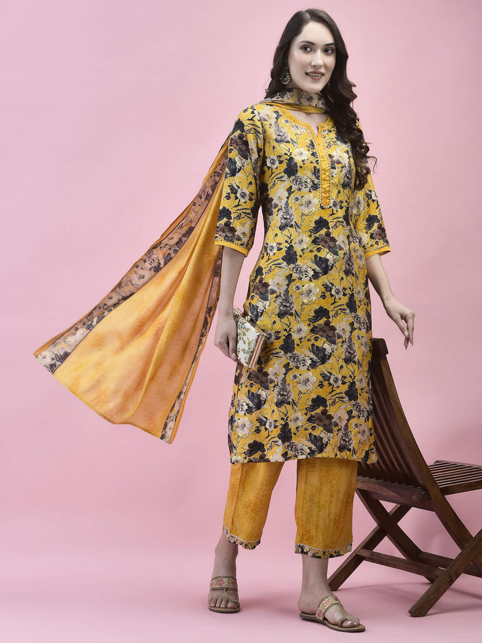 Women Viscose Mustard Floral Print Kurta Comfort Pant Dupatta.