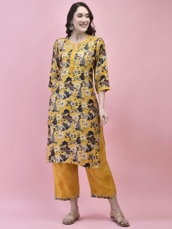 Women Viscose Mustard Floral Print Kurta Comfort Pant Dupatta.