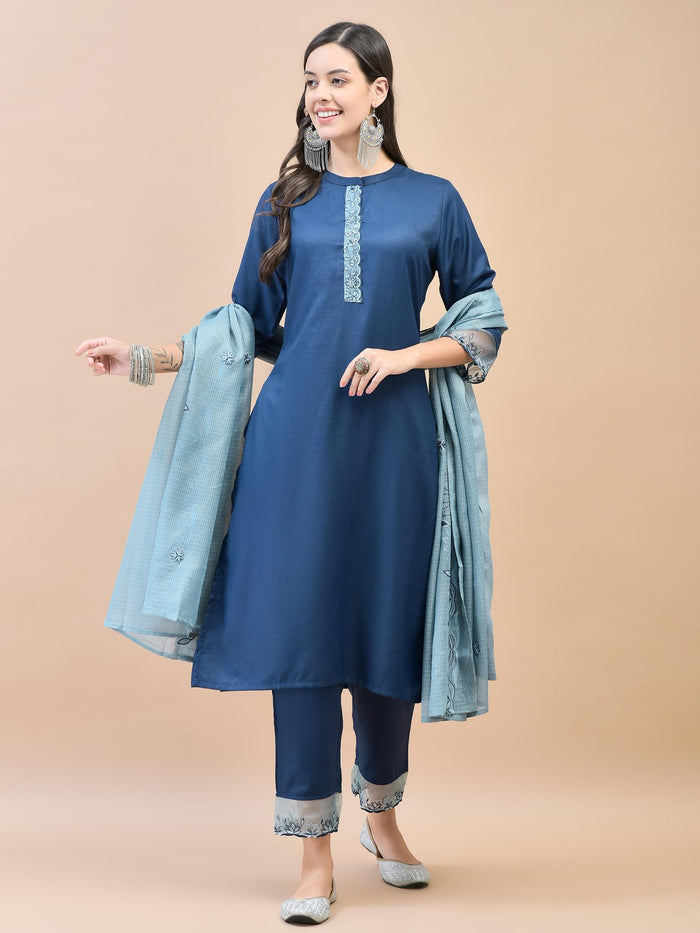 Women Viscose Navy Blue Embroidered Kurta Trouser Dupatta.