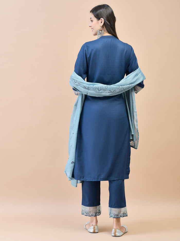 Women Viscose Navy Blue Embroidered Kurta Trouser Dupatta.