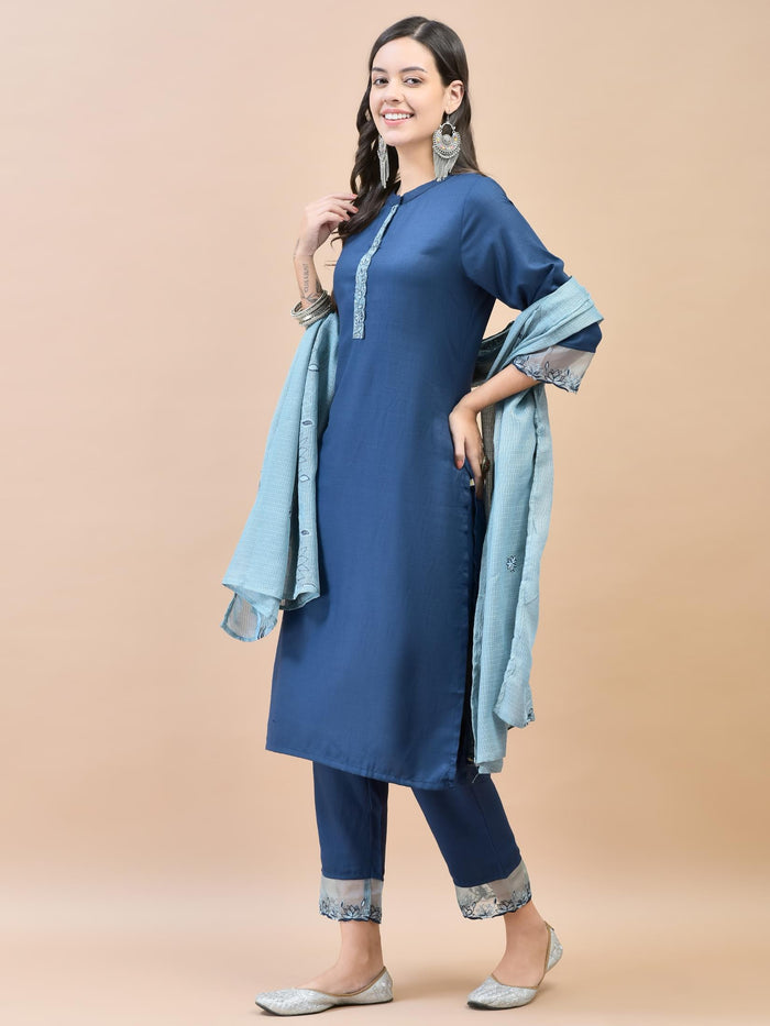 Women Viscose Navy Blue Embroidered Kurta Trouser Dupatta.