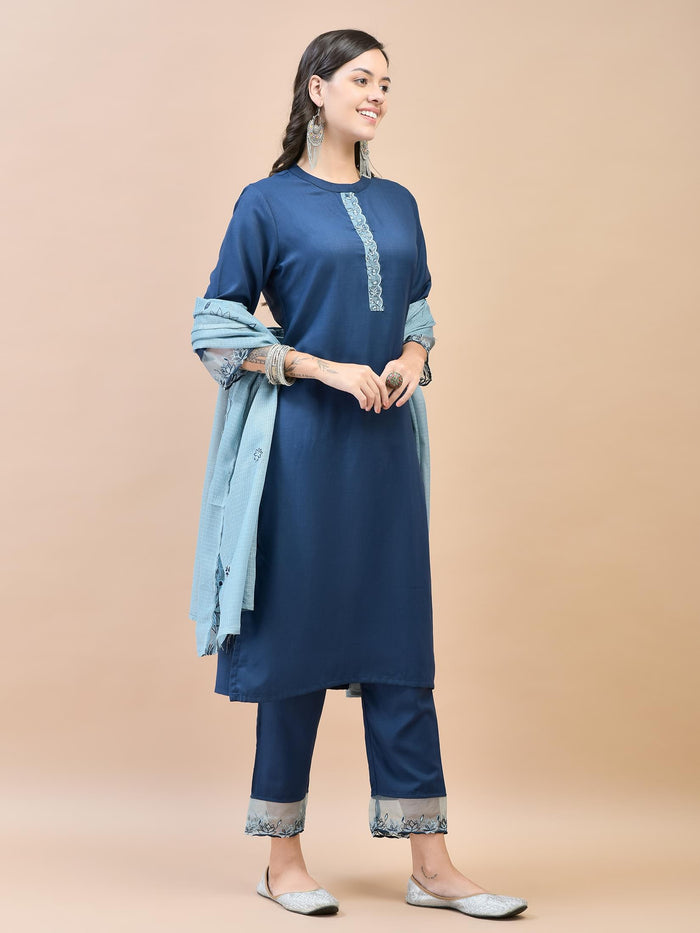 Women Viscose Navy Blue Embroidered Kurta Trouser Dupatta.