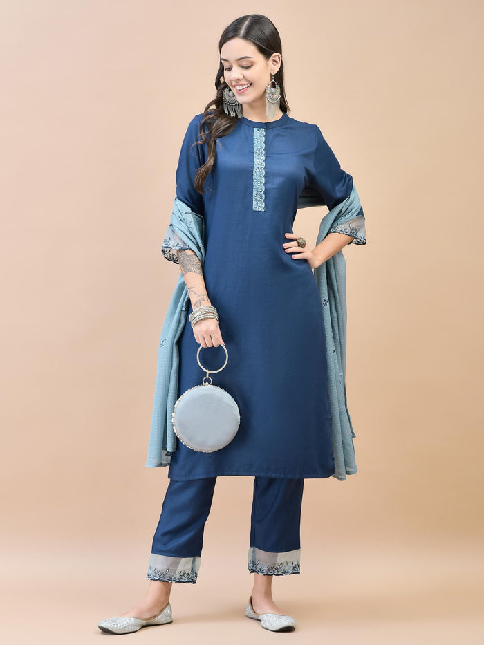 Women Viscose Navy Blue Embroidered Kurta Trouser Dupatta.