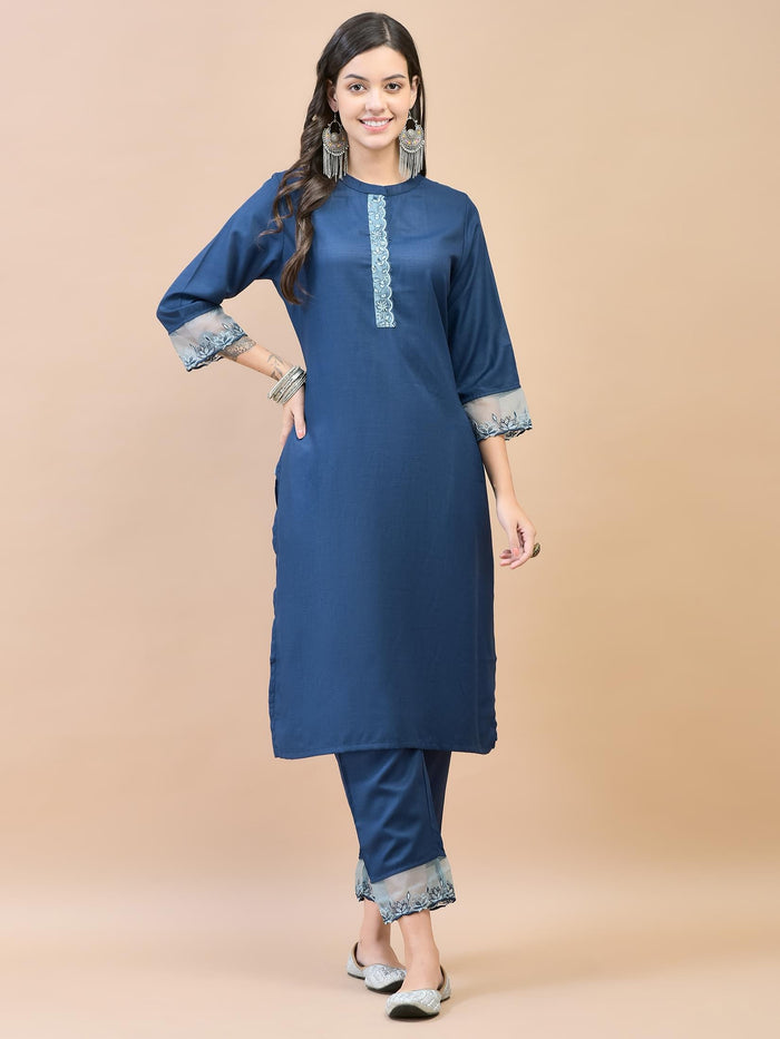 Women Viscose Navy Blue Embroidered Kurta Trouser Dupatta.