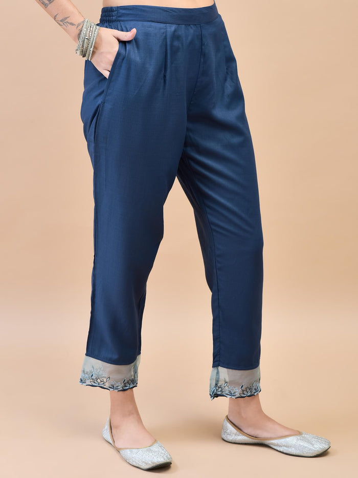 Women Viscose Navy Blue Embroidered Kurta Trouser Dupatta.