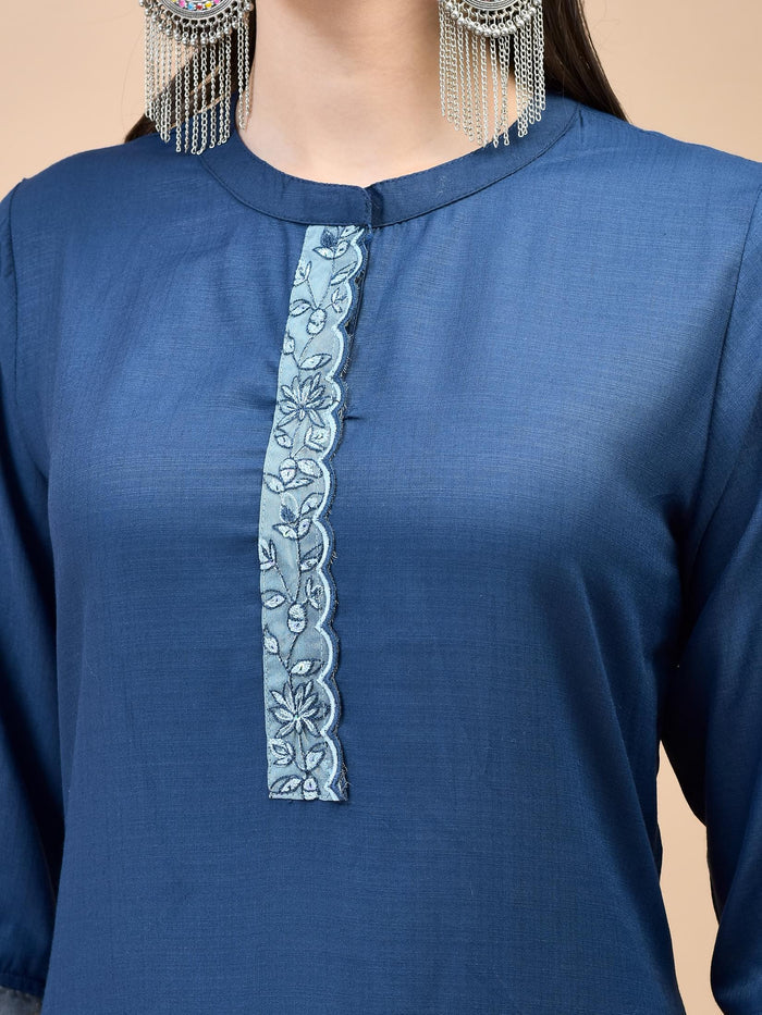 Women Viscose Navy Blue Embroidered Kurta Trouser Dupatta.