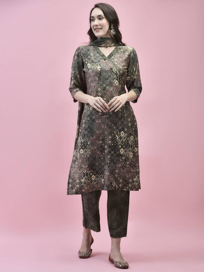 Women Viscose Olive Abstract Print Kurta Comfort Pant Dupatta.