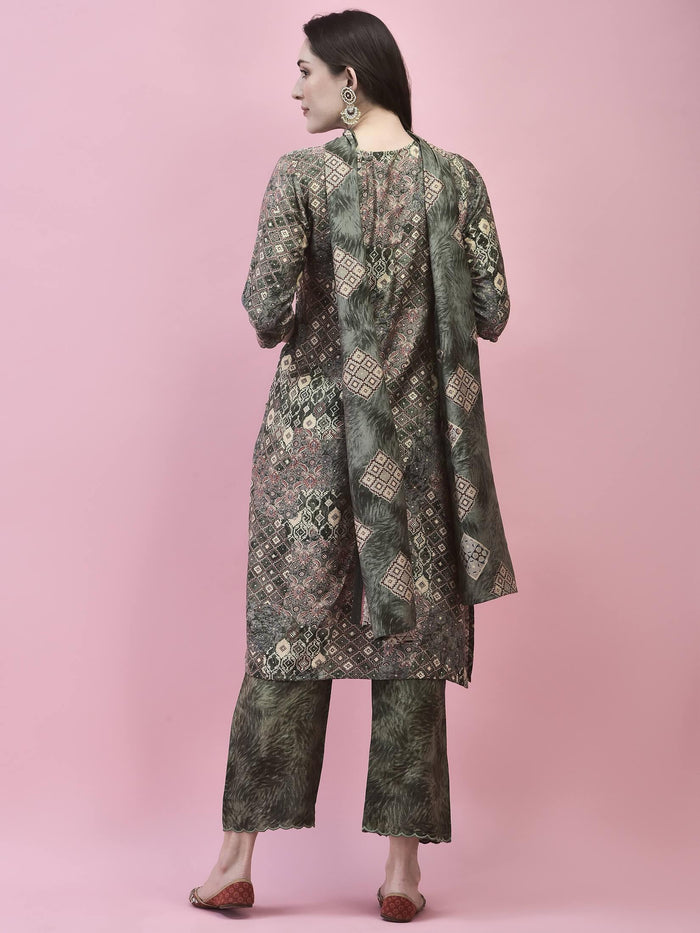 Women Viscose Olive Abstract Print Kurta Comfort Pant Dupatta.