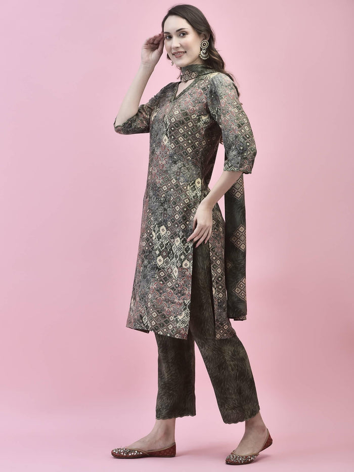Women Viscose Olive Abstract Print Kurta Comfort Pant Dupatta.