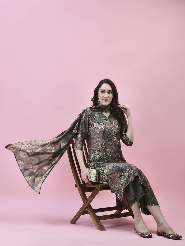 Women Viscose Olive Abstract Print Kurta Comfort Pant Dupatta.