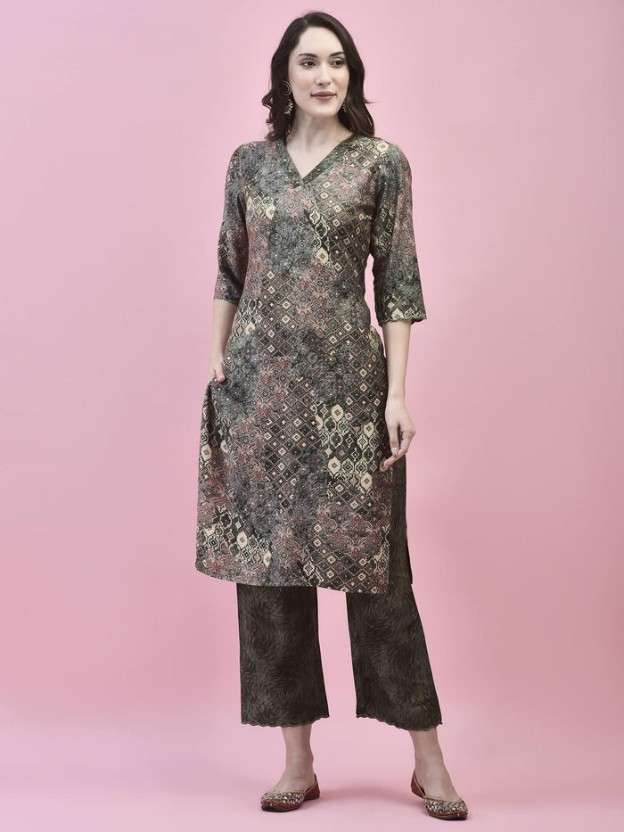 Women Viscose Olive Abstract Print Kurta Comfort Pant Dupatta.