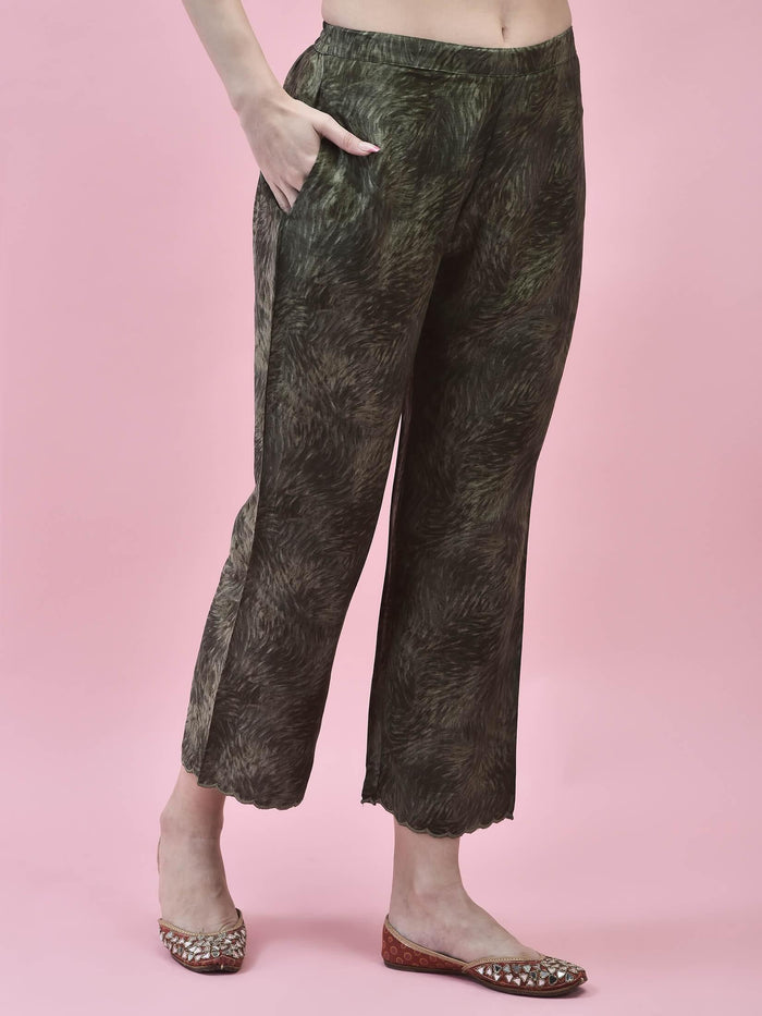 Women Viscose Olive Abstract Print Kurta Comfort Pant Dupatta.