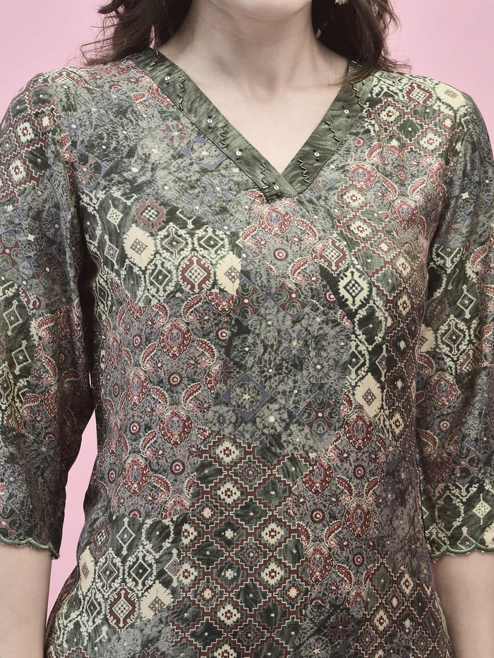 Women Viscose Olive Abstract Print Kurta Comfort Pant Dupatta.