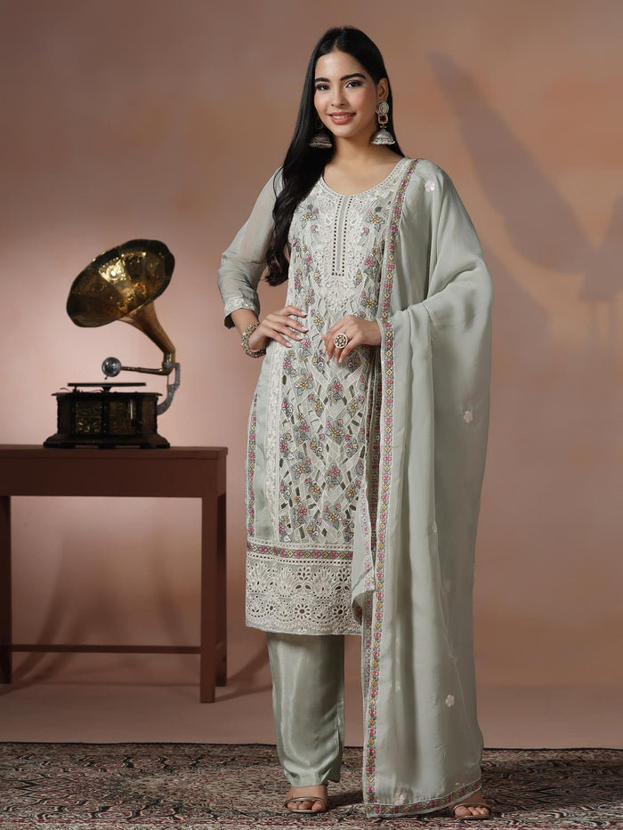 Women Viscose Organza Green Embroidered Kurta Comfort Pant Dupatta.