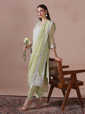 Women Viscose Organza Green Embroidered Kurta Comfort Pant Dupatta.