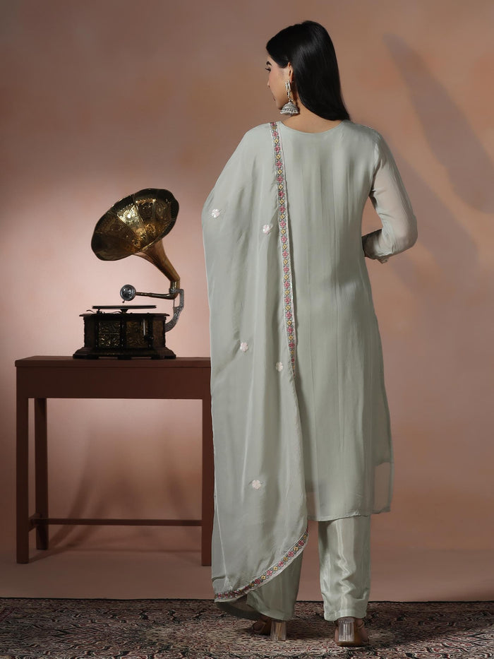 Women Viscose Organza Green Embroidered Kurta Comfort Pant Dupatta.