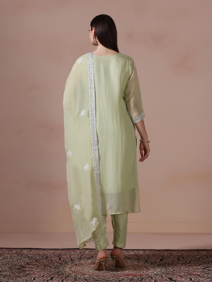 Women Viscose Organza Green Embroidered Kurta Comfort Pant Dupatta.