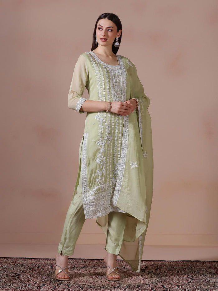 Women Viscose Organza Green Embroidered Kurta Comfort Pant Dupatta.