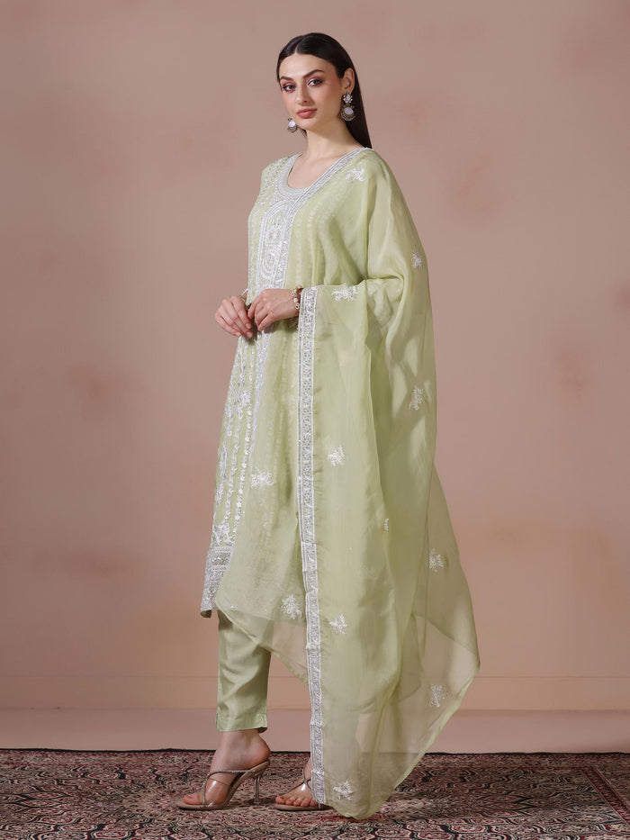 Women Viscose Organza Green Embroidered Kurta Comfort Pant Dupatta.