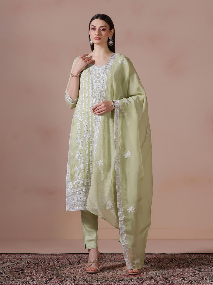 Women Viscose Organza Green Embroidered Kurta Comfort Pant Dupatta.