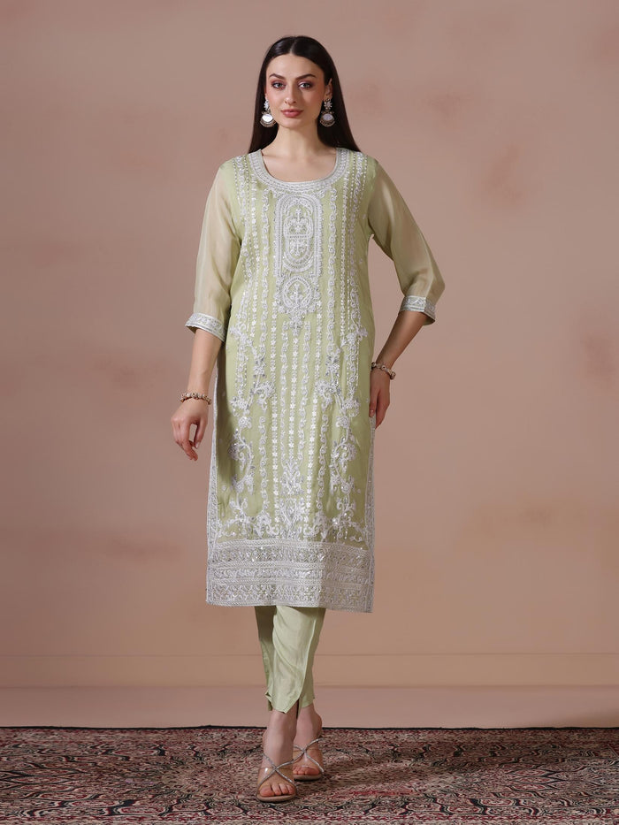 Women Viscose Organza Green Embroidered Kurta Comfort Pant Dupatta.