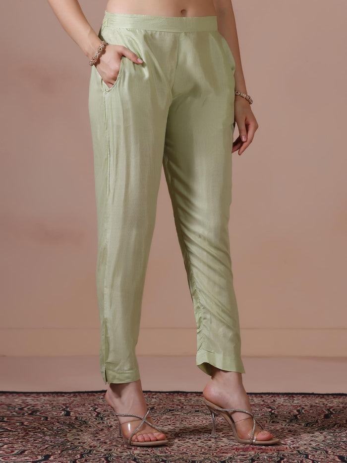 Women Viscose Organza Green Embroidered Kurta Comfort Pant Dupatta.