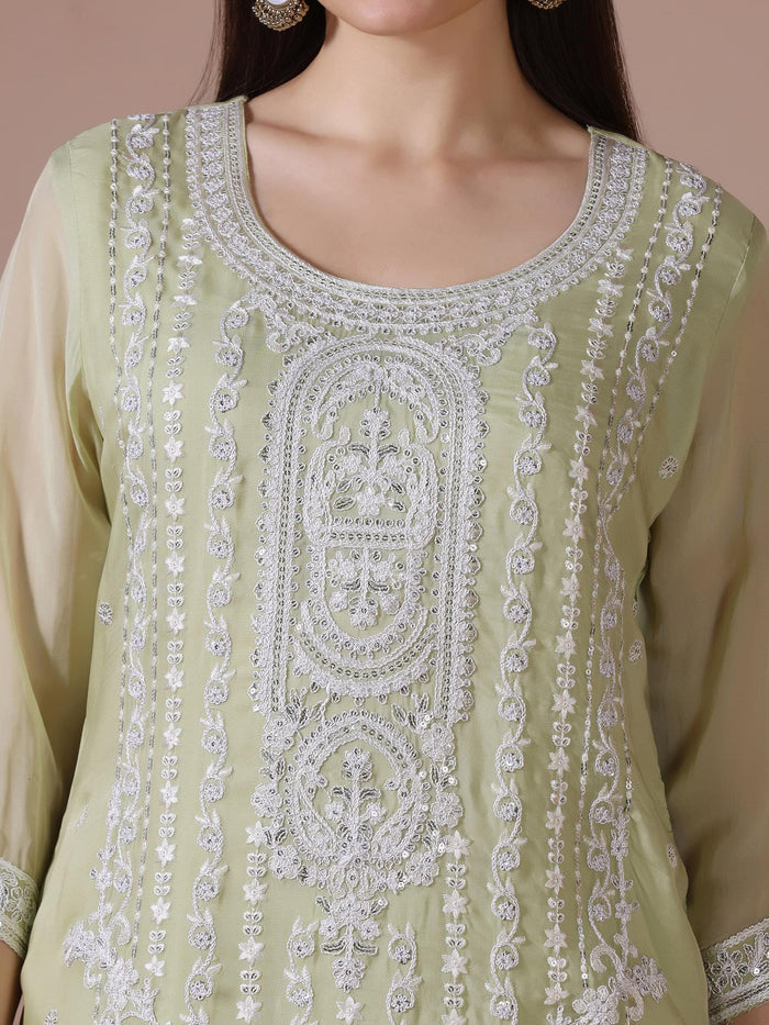 Women Viscose Organza Green Embroidered Kurta Comfort Pant Dupatta.