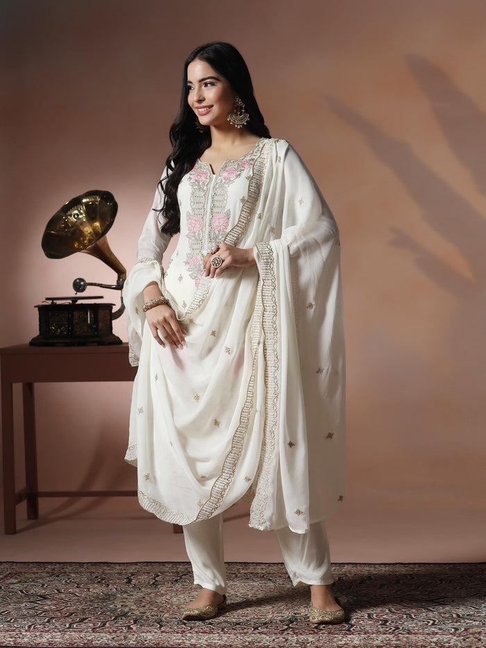 Women Viscose Organza White Embroidered Kurta Comfort Pant Dupatta.