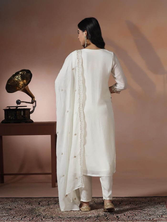 Women Viscose Organza White Embroidered Kurta Comfort Pant Dupatta.
