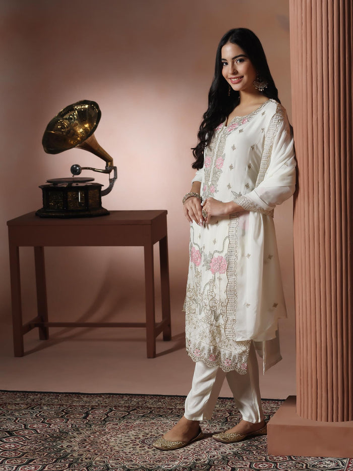 Women Viscose Organza White Embroidered Kurta Comfort Pant Dupatta.