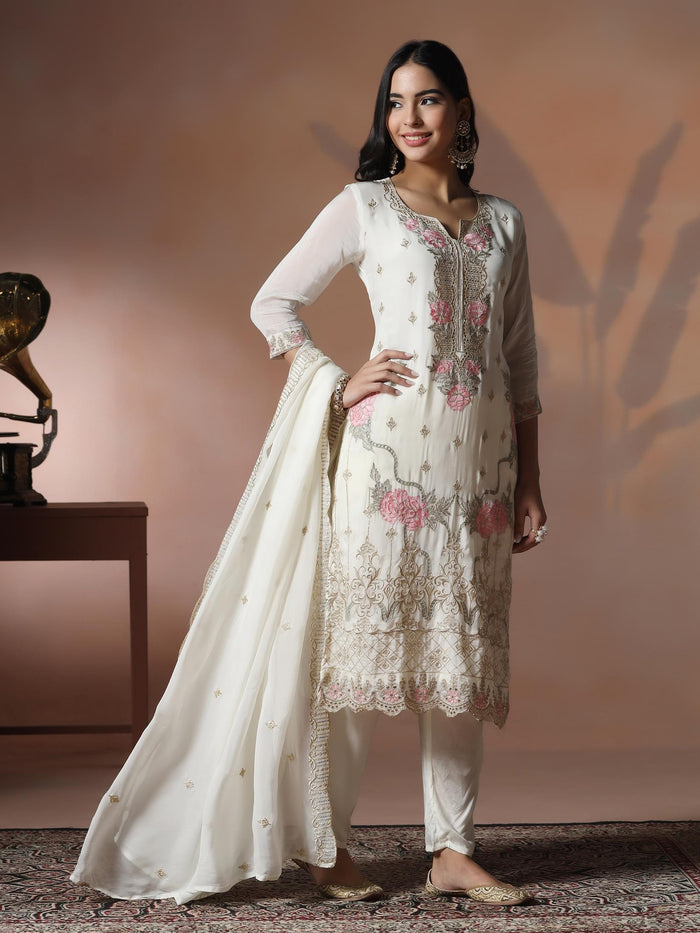Women Viscose Organza White Embroidered Kurta Comfort Pant Dupatta.
