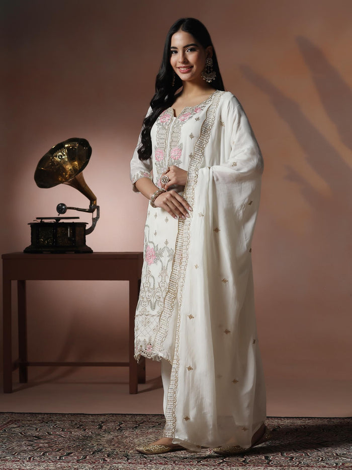 Women Viscose Organza White Embroidered Kurta Comfort Pant Dupatta.