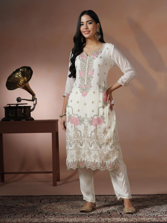 Women Viscose Organza White Embroidered Kurta Comfort Pant Dupatta.