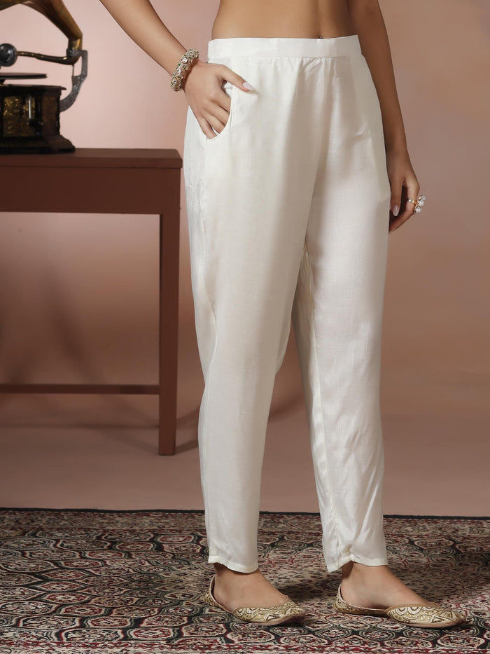 Women Viscose Organza White Embroidered Kurta Comfort Pant Dupatta.