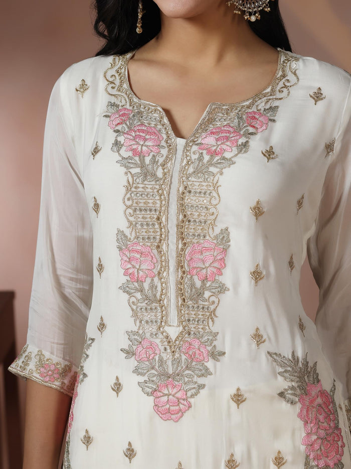 Women Viscose Organza White Embroidered Kurta Comfort Pant Dupatta.