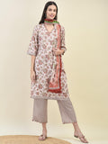 Women Viscose Peach Ornamental Print Kurta Comfort Pant Dupatta.