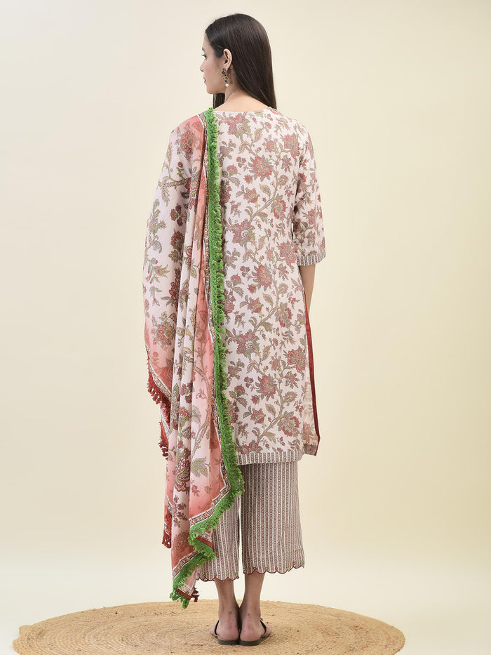 Women Viscose Peach Ornamental Print Kurta Comfort Pant Dupatta.