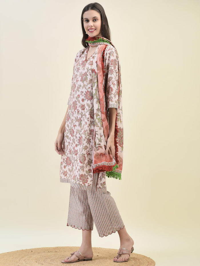 Women Viscose Peach Ornamental Print Kurta Comfort Pant Dupatta.