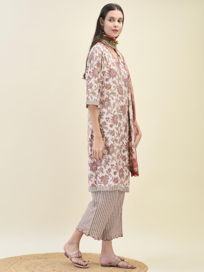 Women Viscose Peach Ornamental Print Kurta Comfort Pant Dupatta.